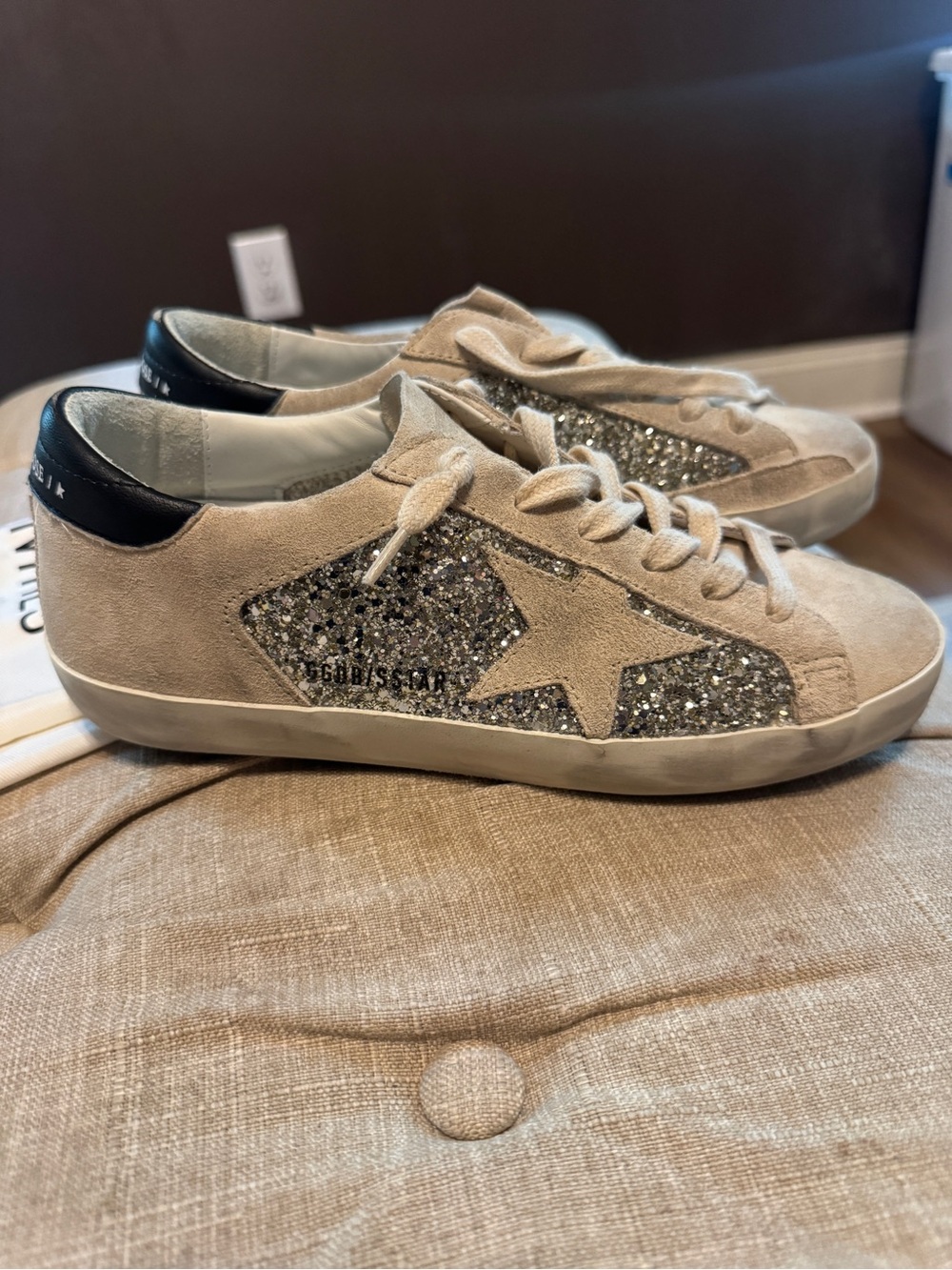Golden Goose  Suede Sneakers, Silver Glitter Star

ONLY WORN ONCE 
SIZE 37